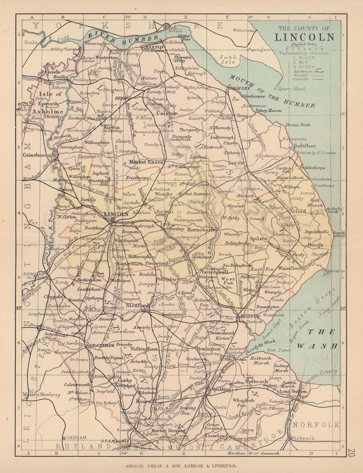 LINCOLNSHIRE. Antique county map. Railways canals. Constituencies. PHILIP 1885